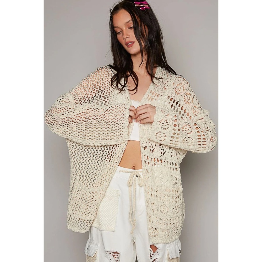 POL Contrasting Pattern
Knitted Open Front Cardigan Cream Crochet Sweater Small